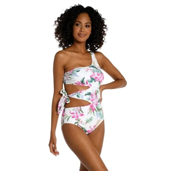 LA BLANCA Mystic Palms Cutout One Shoulder One-Piece Swimsuit Size 16 NWT - Picture 2 of 7